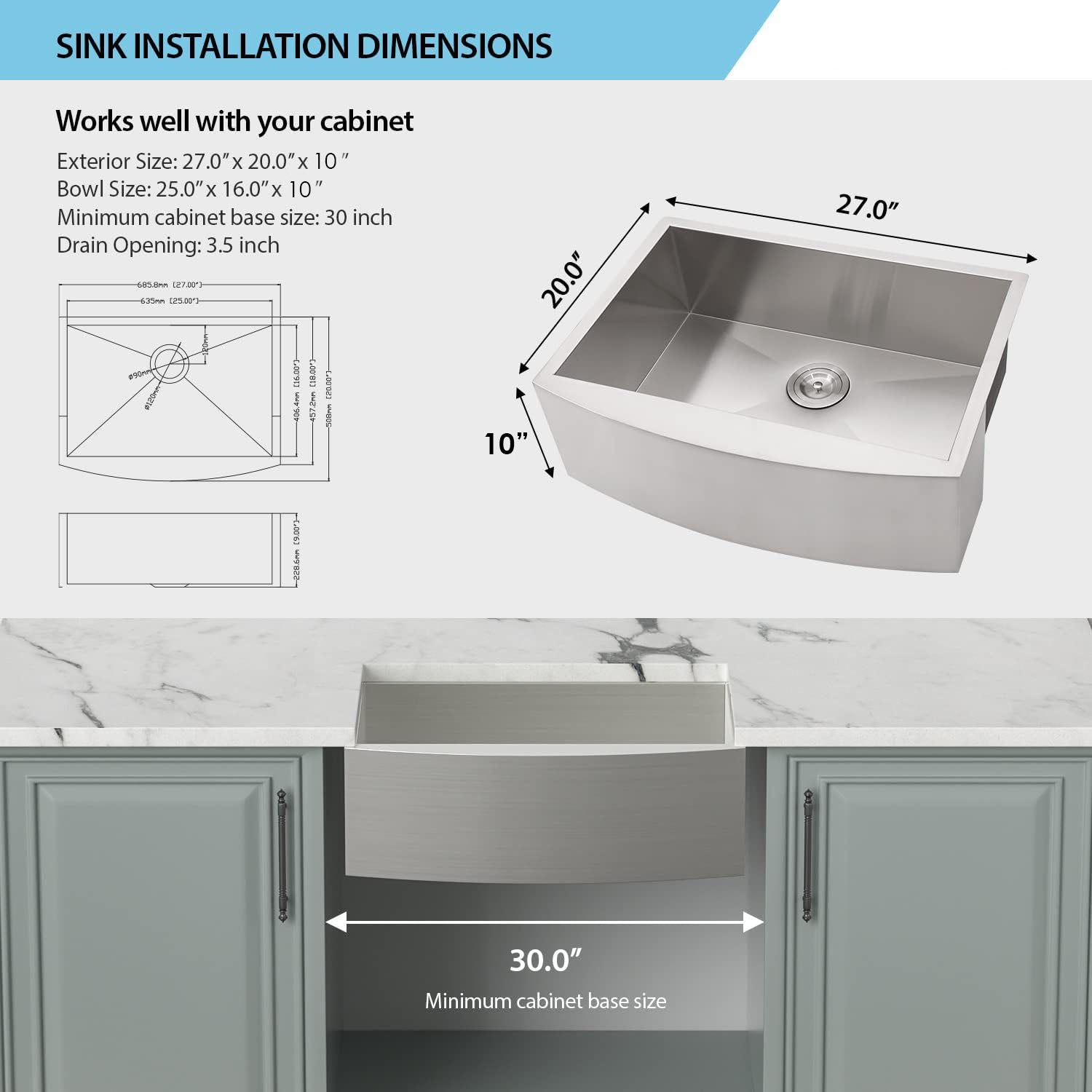 27"x20"x10" Zero radius 16 Gauge Stainless Steel Single Bowl Apron Farm Sink