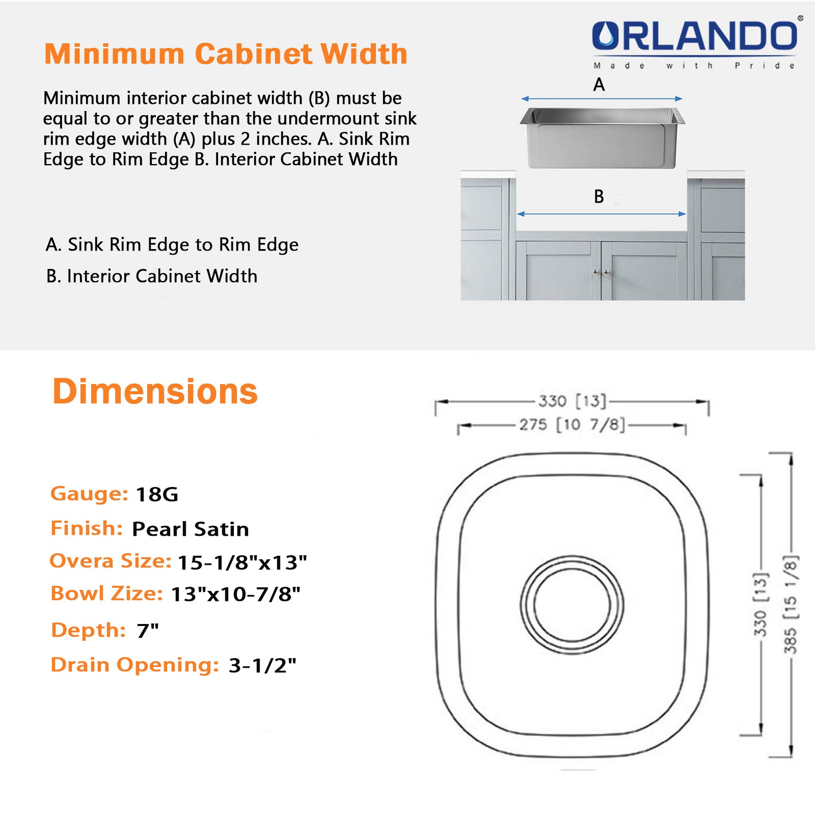 15"x13"x7" Undermount 18 Gauge Stainless Steel Single Bowl Kitchen Bar Sink