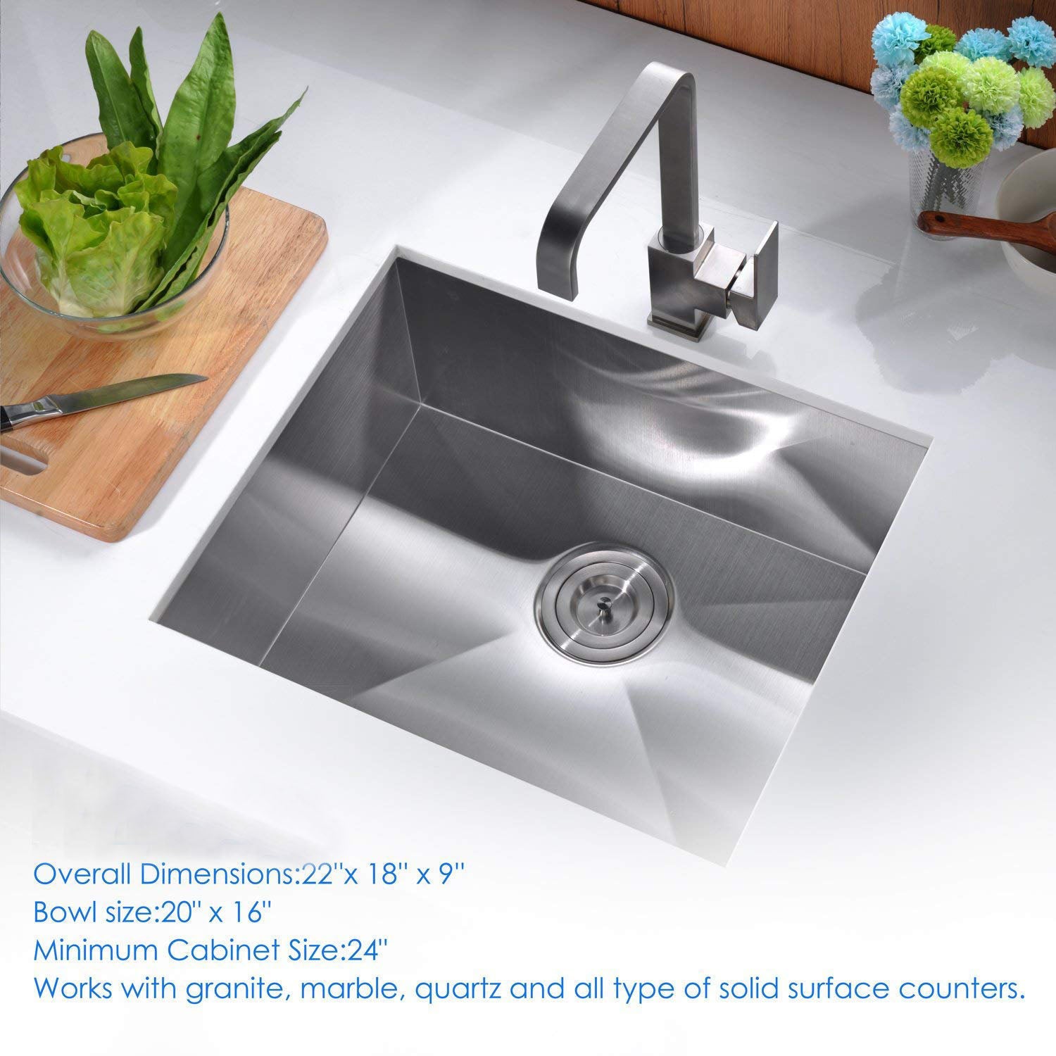 22"x18"x7" Undermount Stainless Steel 93 Degree Sharp Edge Single Bowl ADA Kitchen Sink - Orlando Product