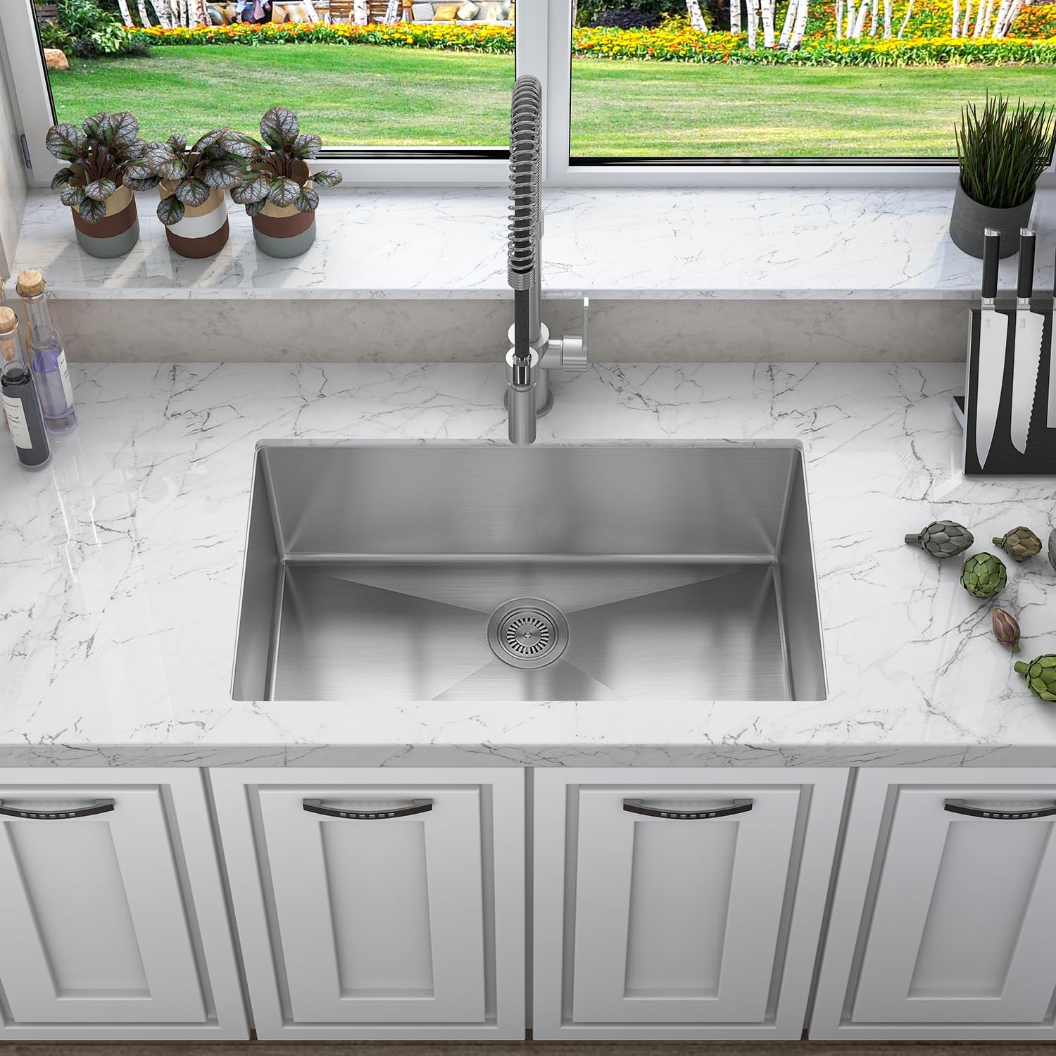 30”x18"x9" Undermount Stainless Steel 93 Degree Sharp Edge Single Bowl Kitchen Sink