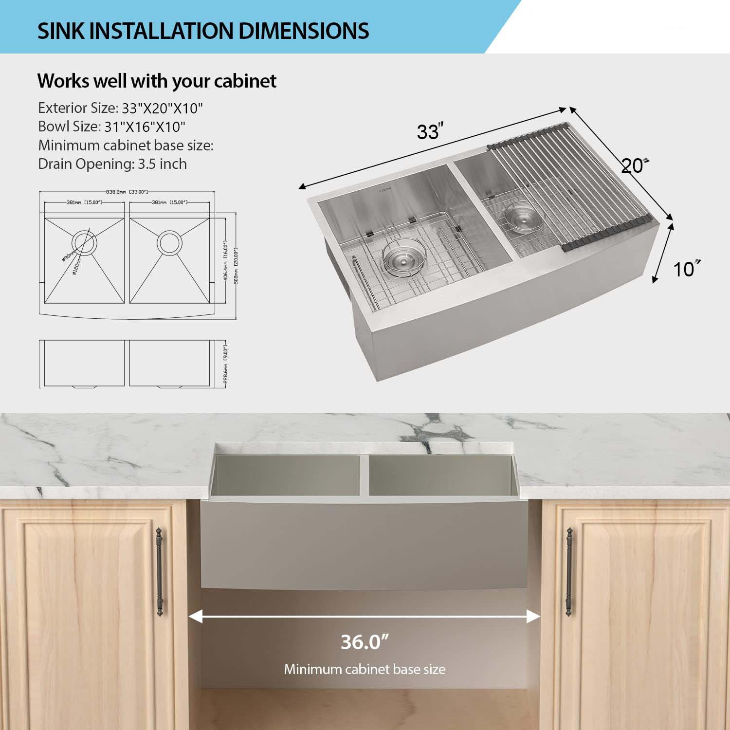 33"x20"x10" Zero radius 16 Gauge Stainless Steel Double Bowl Apron Farm Sink