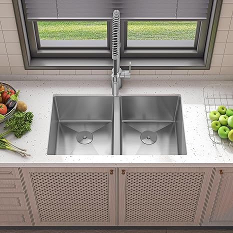 32"x19" Undermount 18 Gauge Stainless Steel 50/50 Double Bowl Zero Radius Kitchen Sink