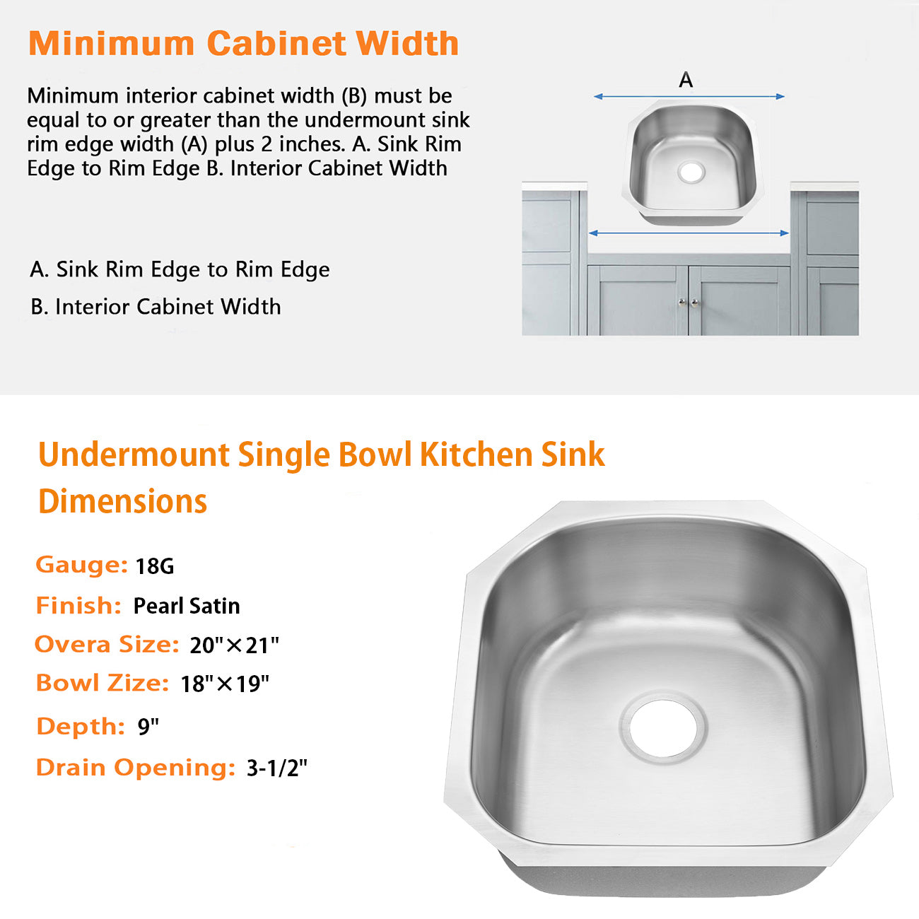 20"x21"x9" Undermount 18 Gauge Stainless Steel Single Bowl Kitchen Sink