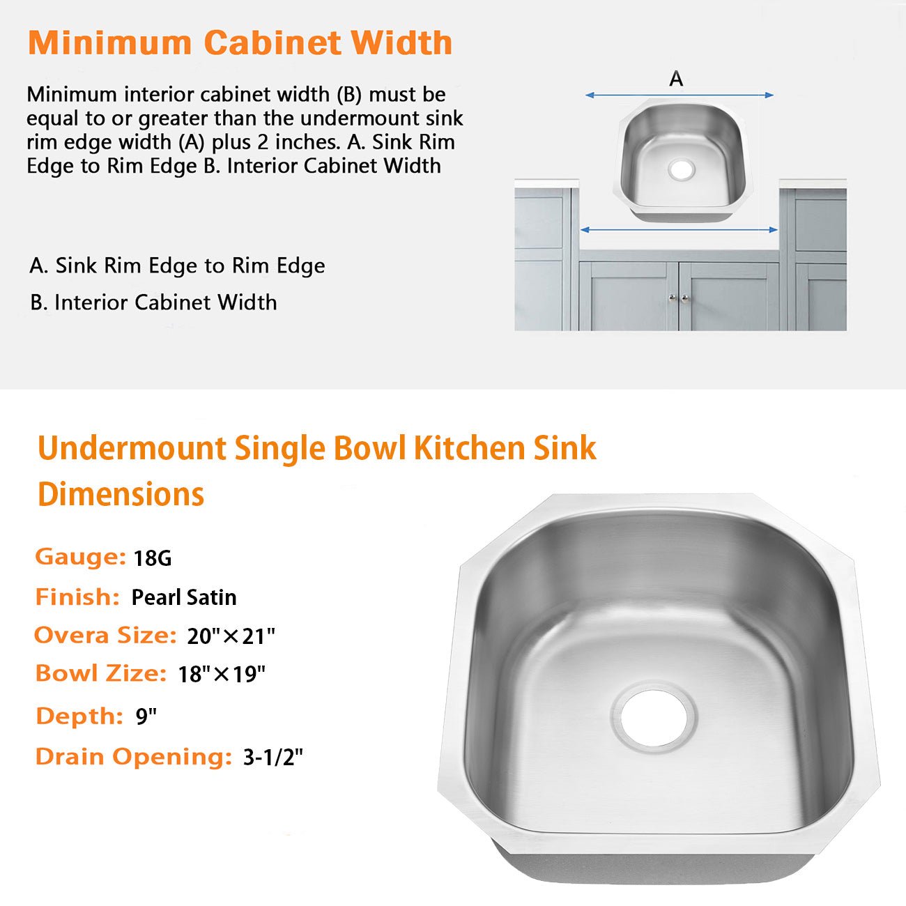20"x21"x9" Undermount Stainless Steel Single Bowl Kitchen Sink, 18 Gauge - Orlando Product