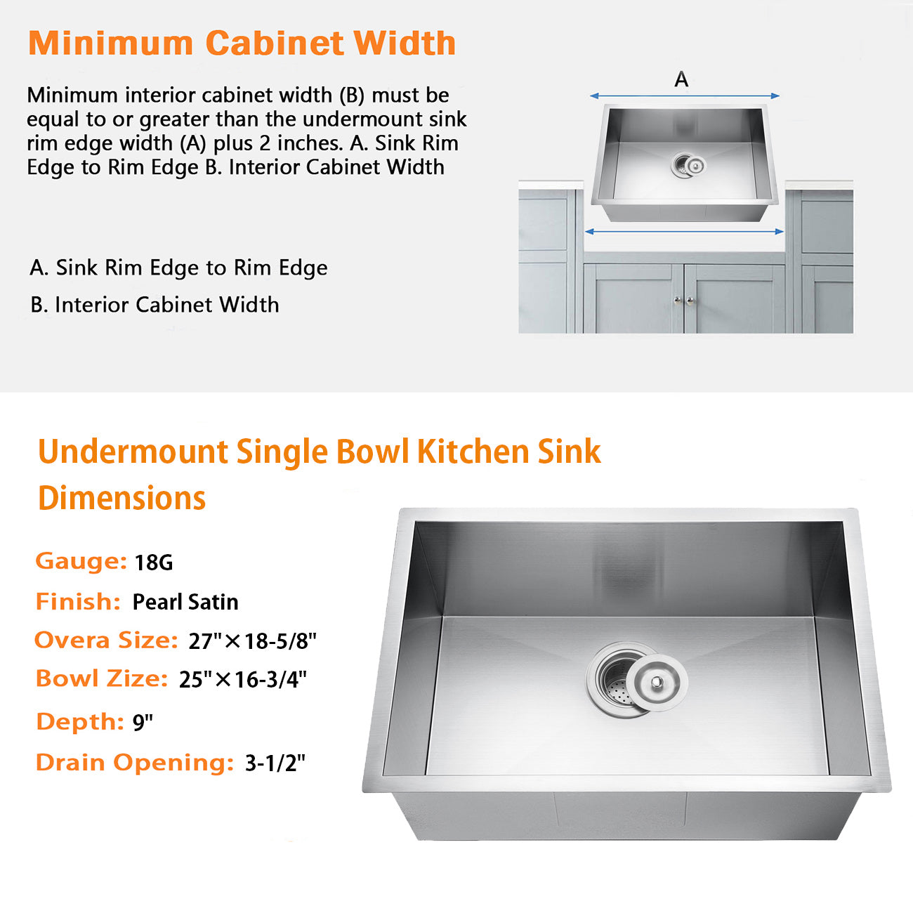 27"x18"x9“ Undermount Stainless Steel 93 Degree Sharp Edge Single Bowl Kitchen Sink