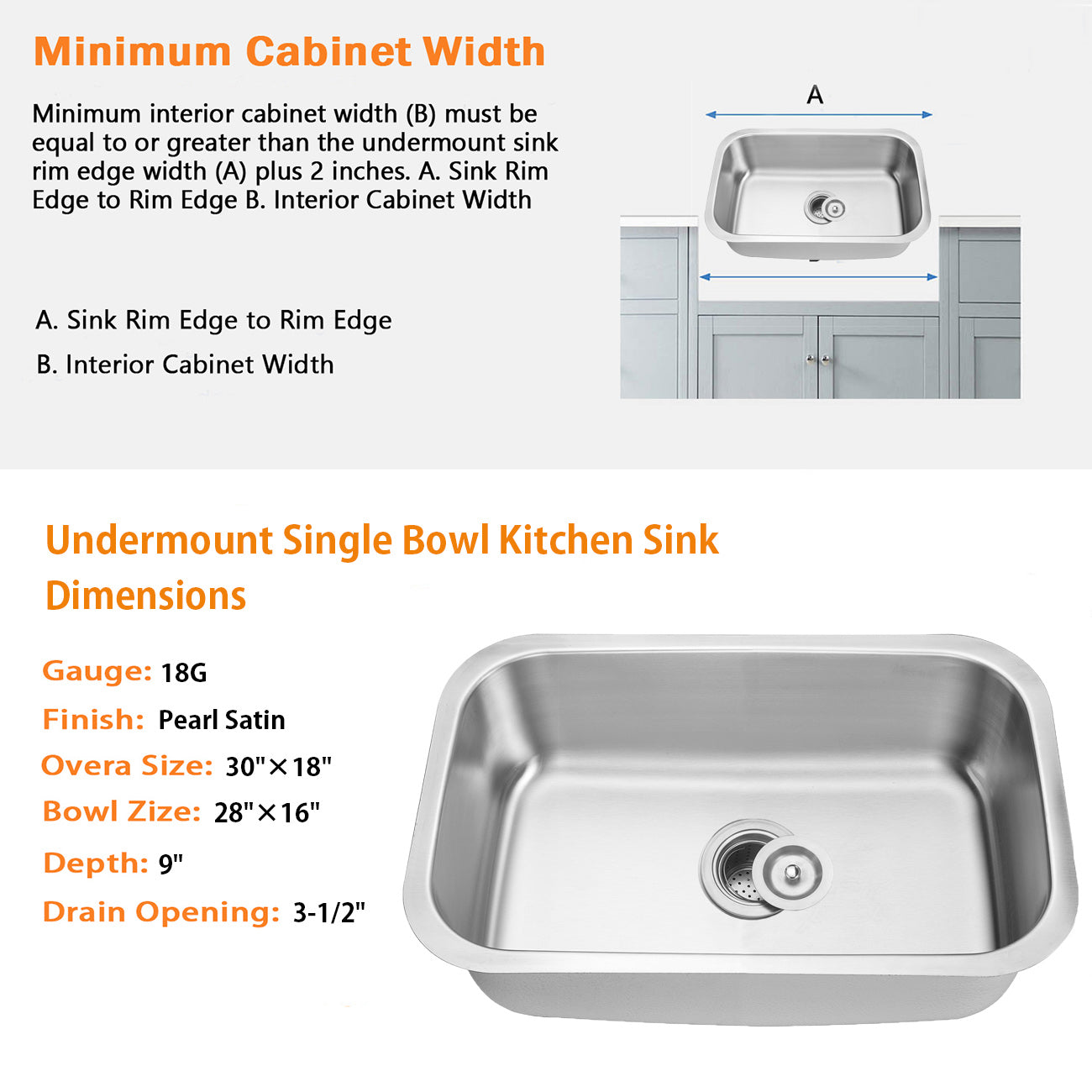 30"x18"x9" Undermount 18 Gauge Stainless Steel Single Bowl Kitchen Sink