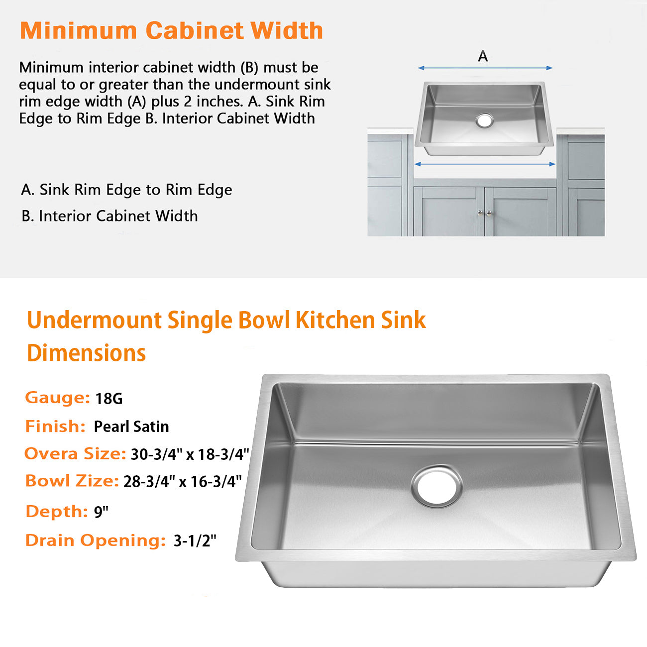 30"x18"x9" Undermount Stainless Steel Finger Radius Single Bowl Kitchen Sink