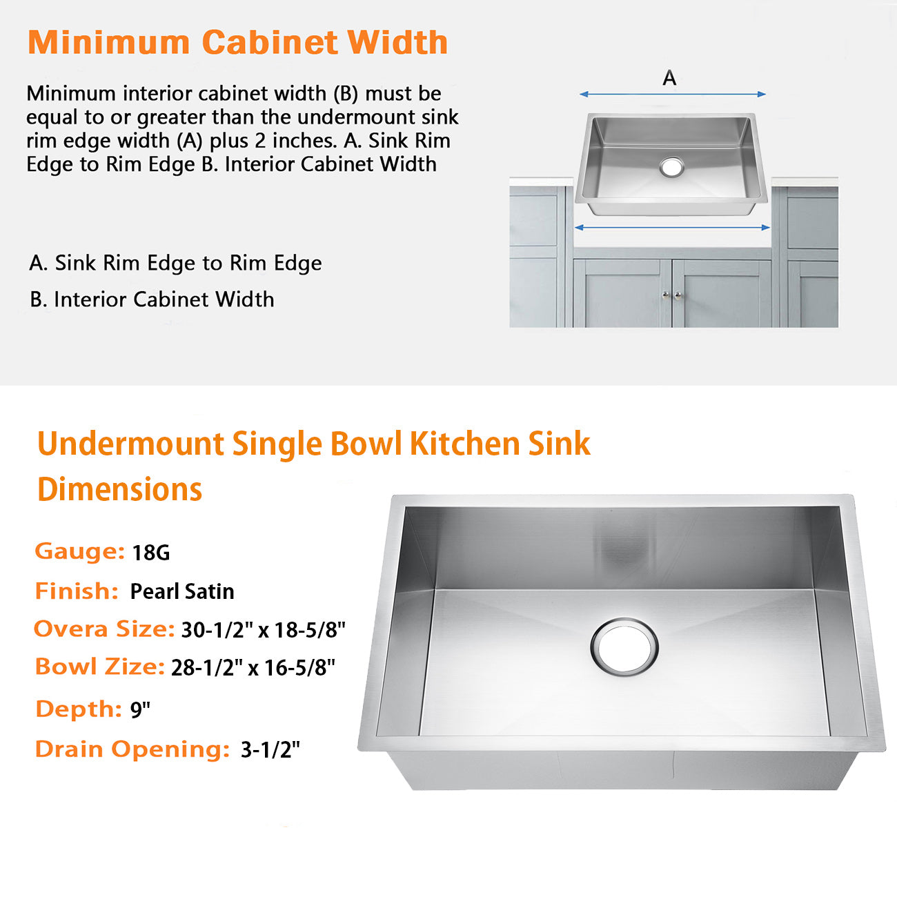 30”x18"x9" Undermount Stainless Steel 93 Degree Sharp Edge Single Bowl Kitchen Sink