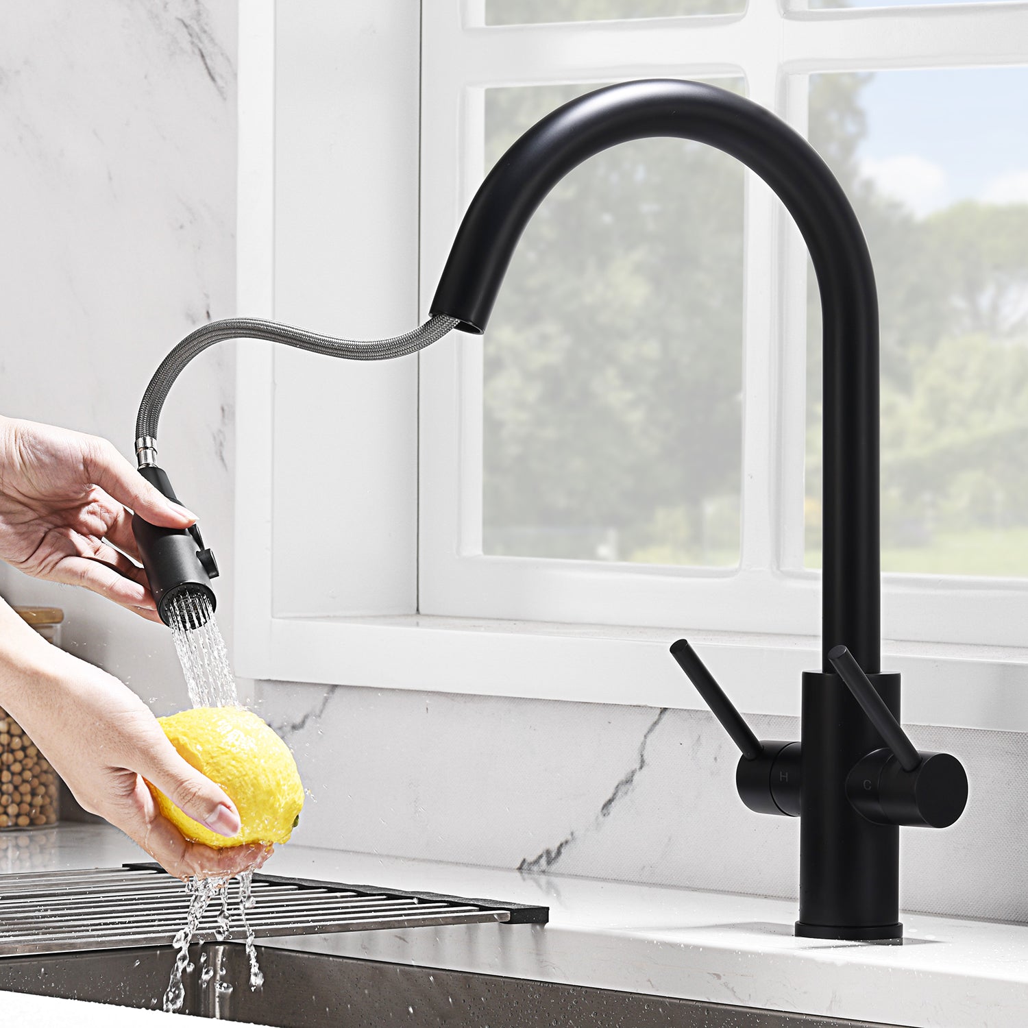 Two Handles Pull Down Sprayer Kitchen Faucet with 2 Function