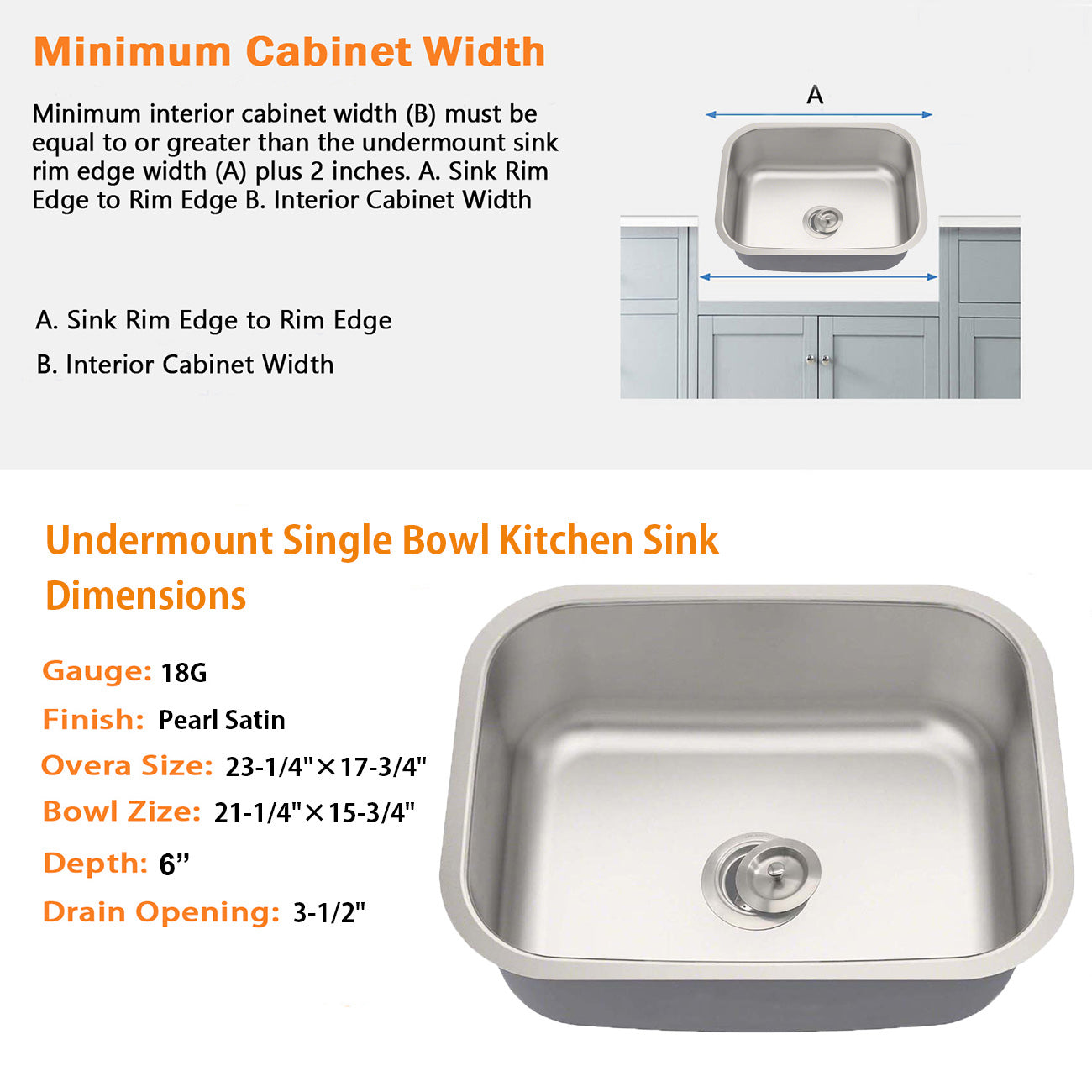 23"x18"x6" ADA Undermount 18 Gauge Stainless Steel Single Bowl Kitchen Sink