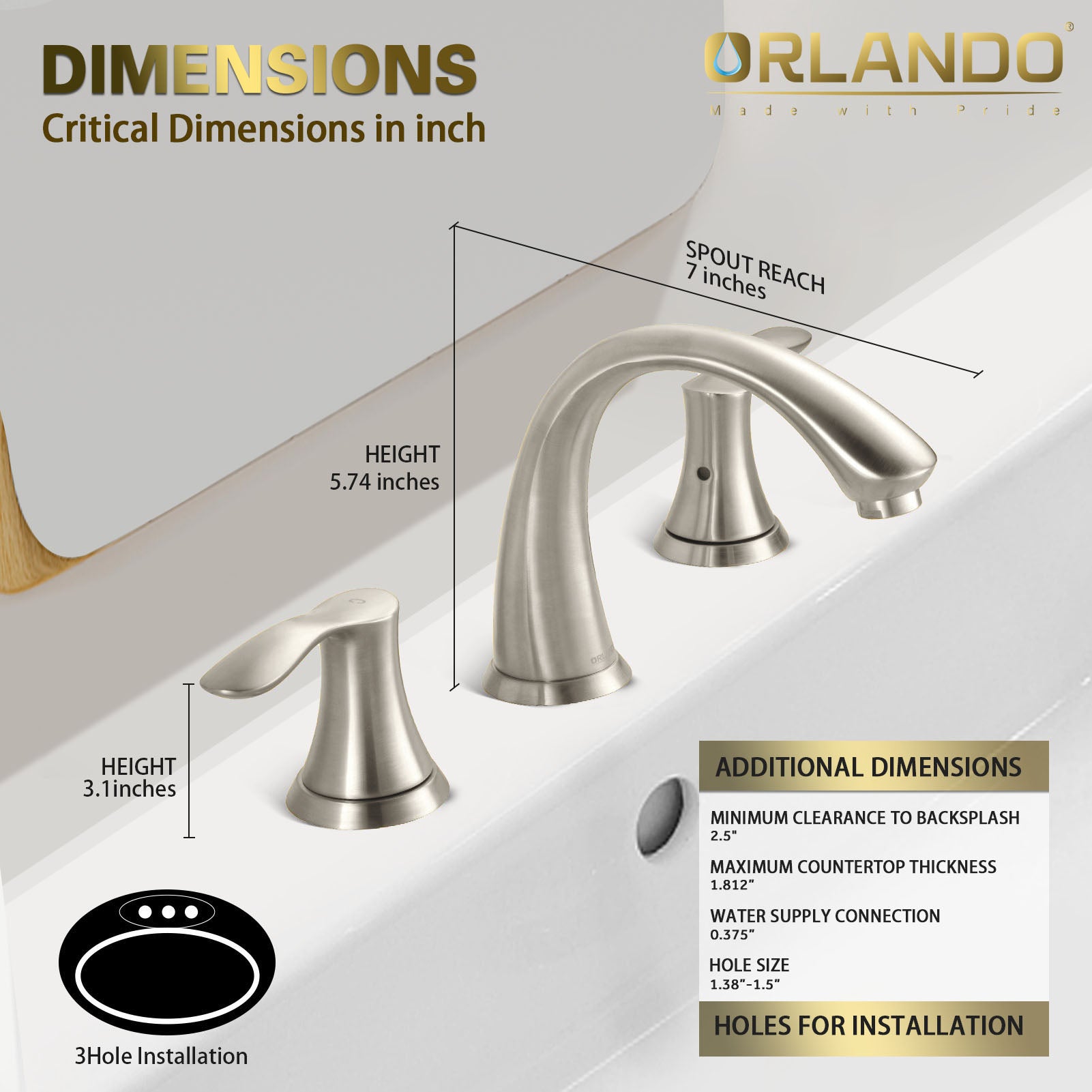 ORLANDO 3 Hole widespread Bathroom Faucet with Pop Up Drain