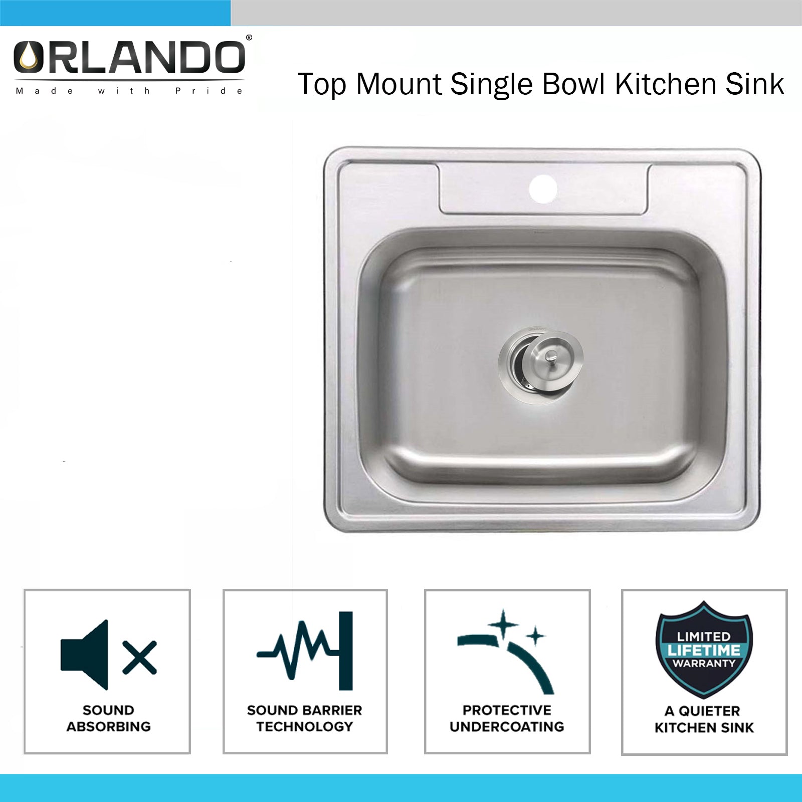 25"x22"x8" 1-Hole Drop-In Topmount Stainless Steel Single Bowl Kitchen Sink