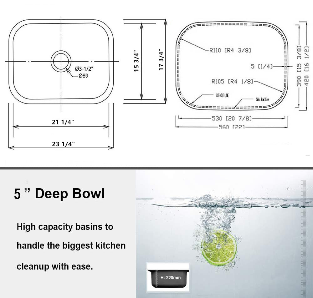 23"x18"x5" ADA Undermount 18 Gauge Stainless Steel Single Bowl Kitchen Sink