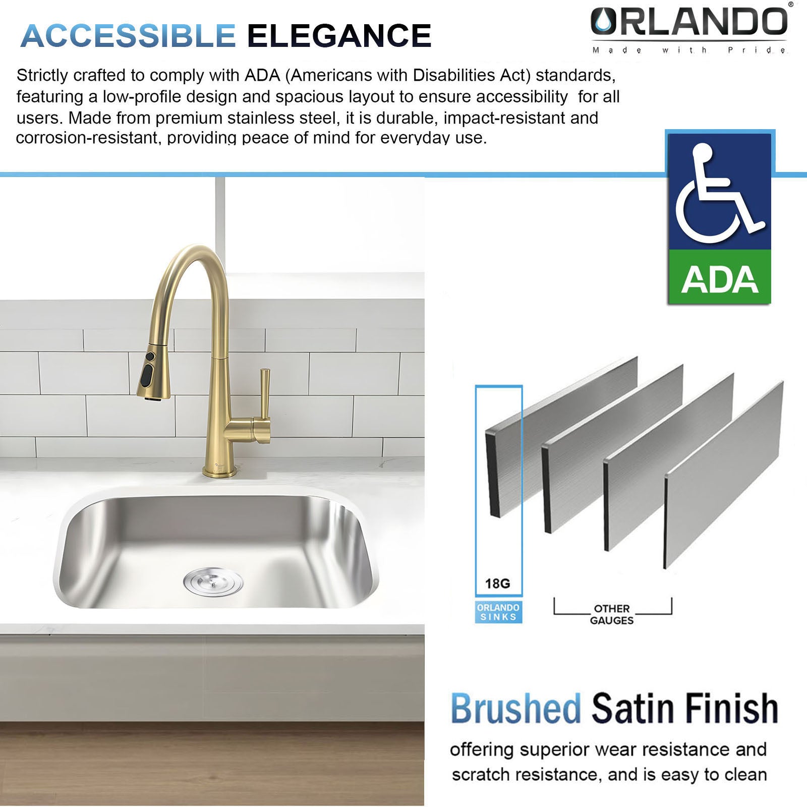 23"x18"x5" Stainless Steel Single Bowl Undermount ADA Sink, 18 Gauge - Orlando Product