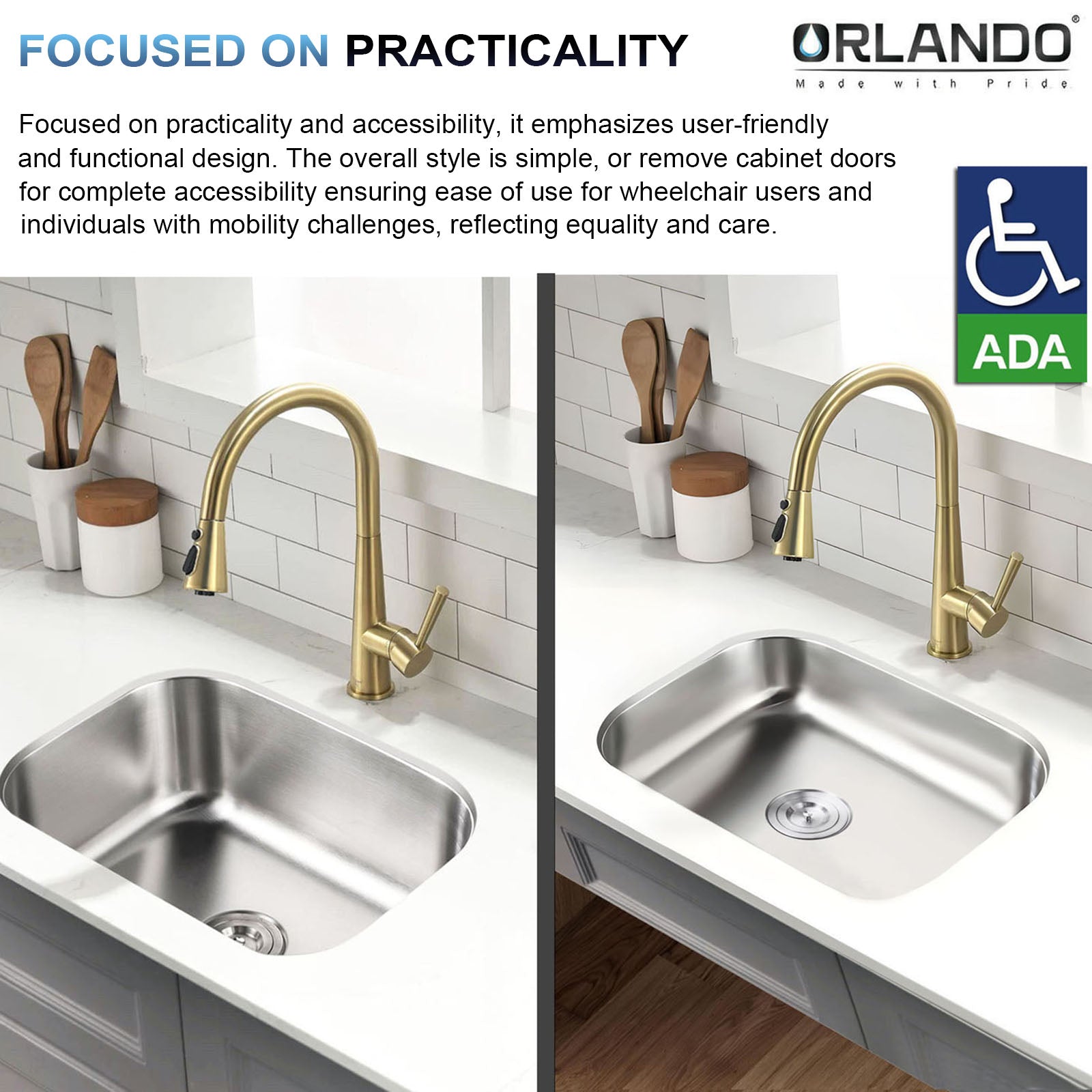 23"x18"x5" Stainless Steel Single Bowl Undermount ADA Sink, 18 Gauge - Orlando Product