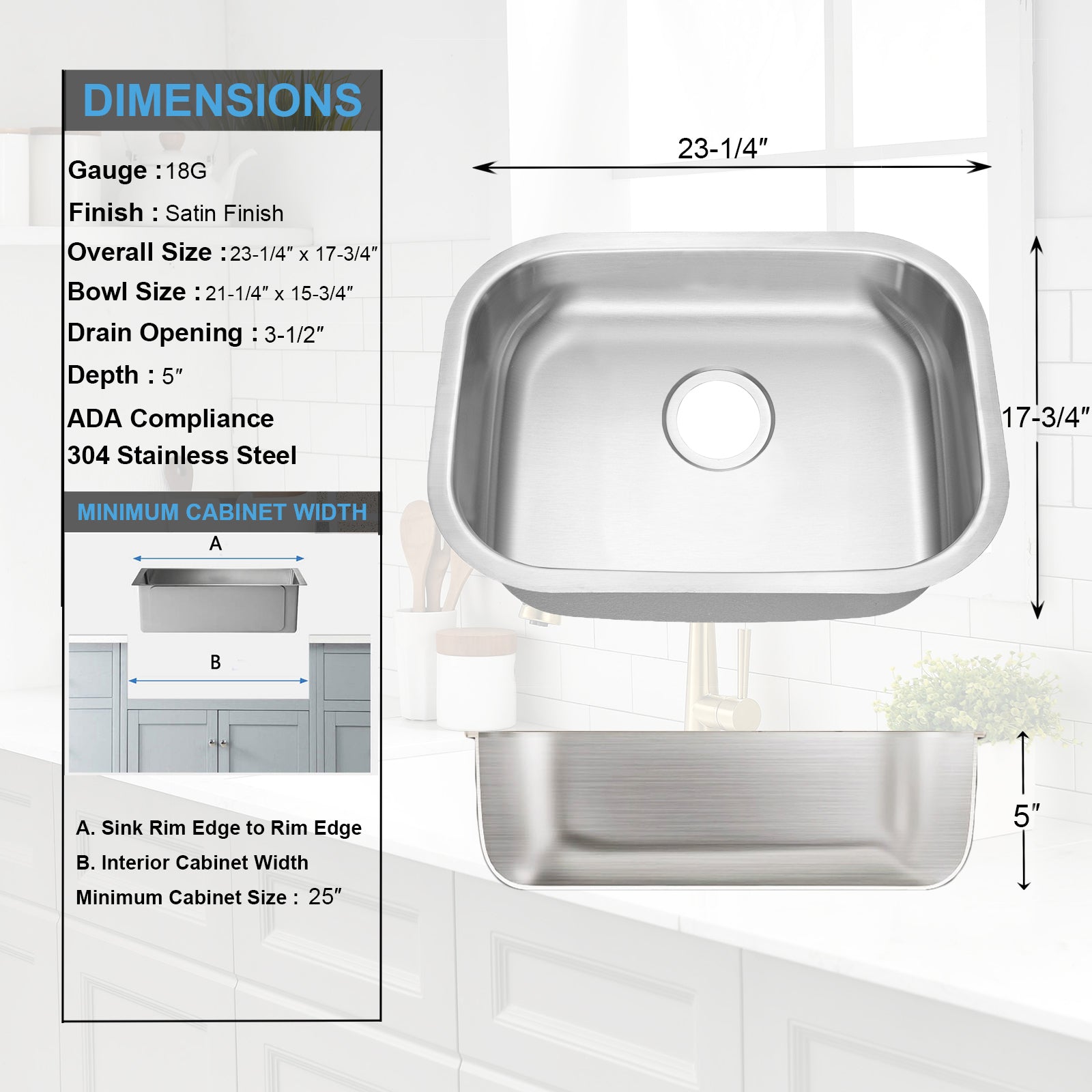 23"x18"x5" Stainless Steel Single Bowl Undermount ADA Sink, 18 Gauge - Orlando Product