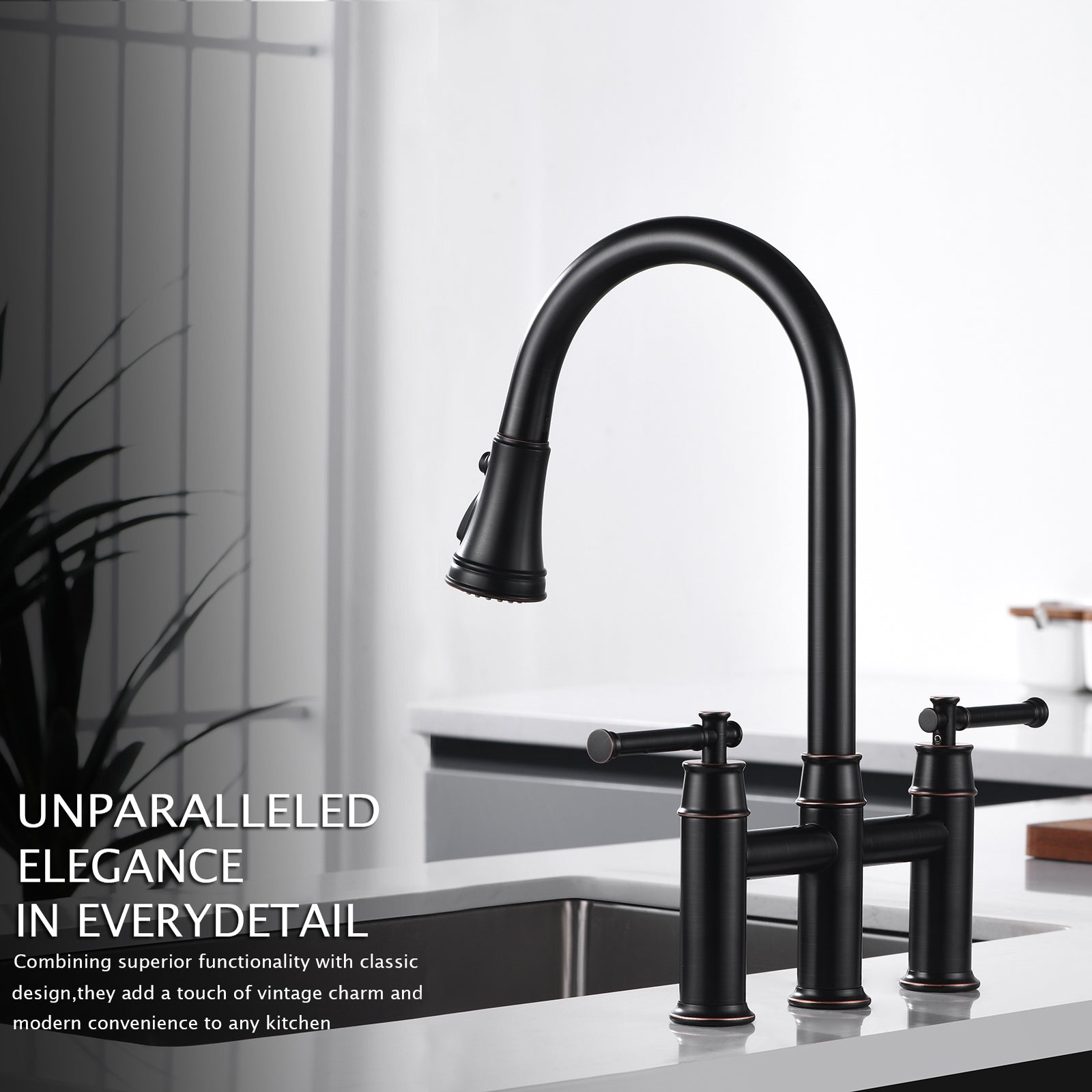 3 hole 2 Handle Bridge Kitchen Faucet with Pull Down Sprayer