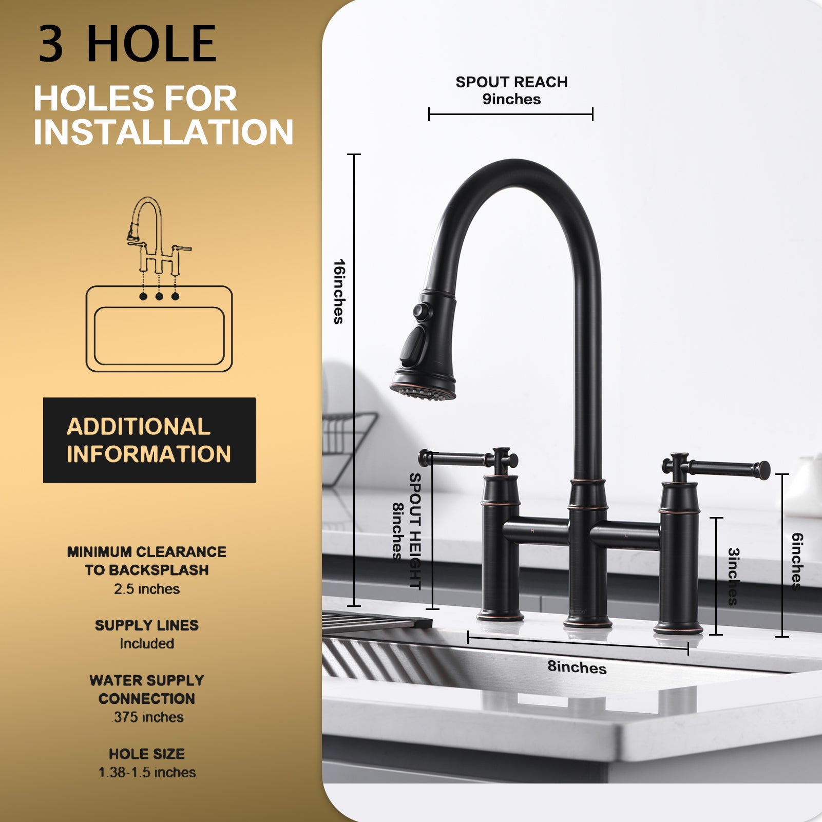 3 hole 2 Handle Bridge Kitchen Faucet with Pull Down Sprayer