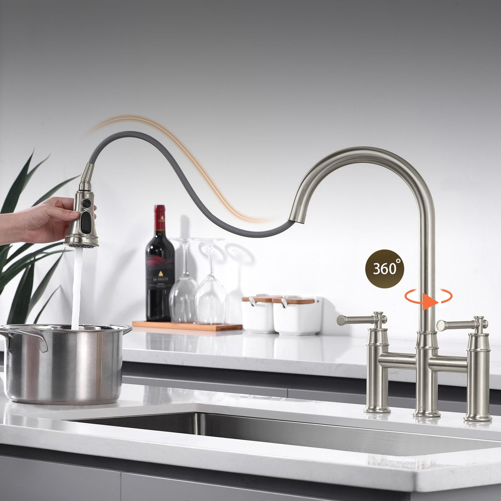 3 hole 2 Handle Bridge Kitchen Faucet with Pull Down Sprayer