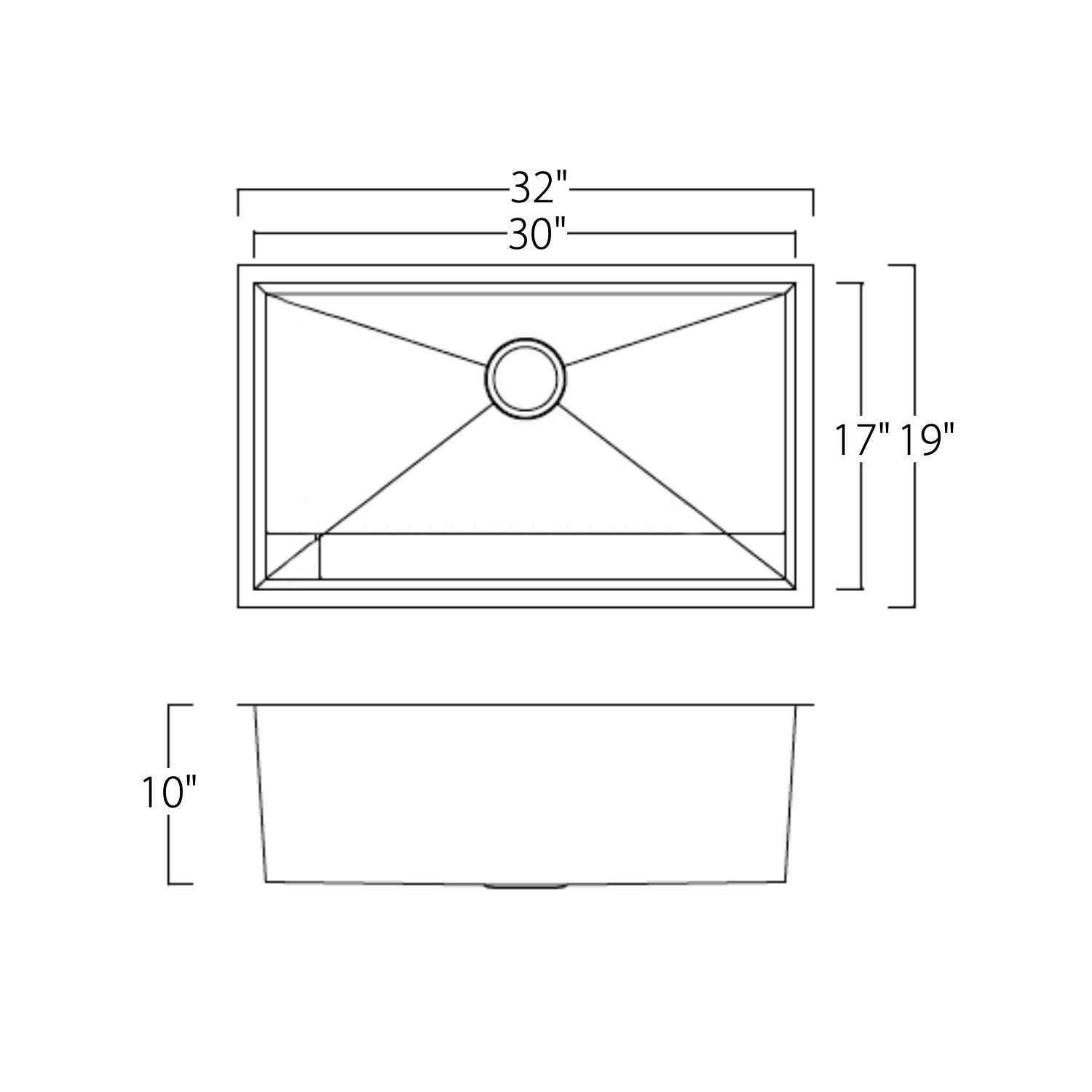 32"x19"x10" Undermount Stainless Steel 93 Degree Sharp Edge Single Bowl Kitchen Sink