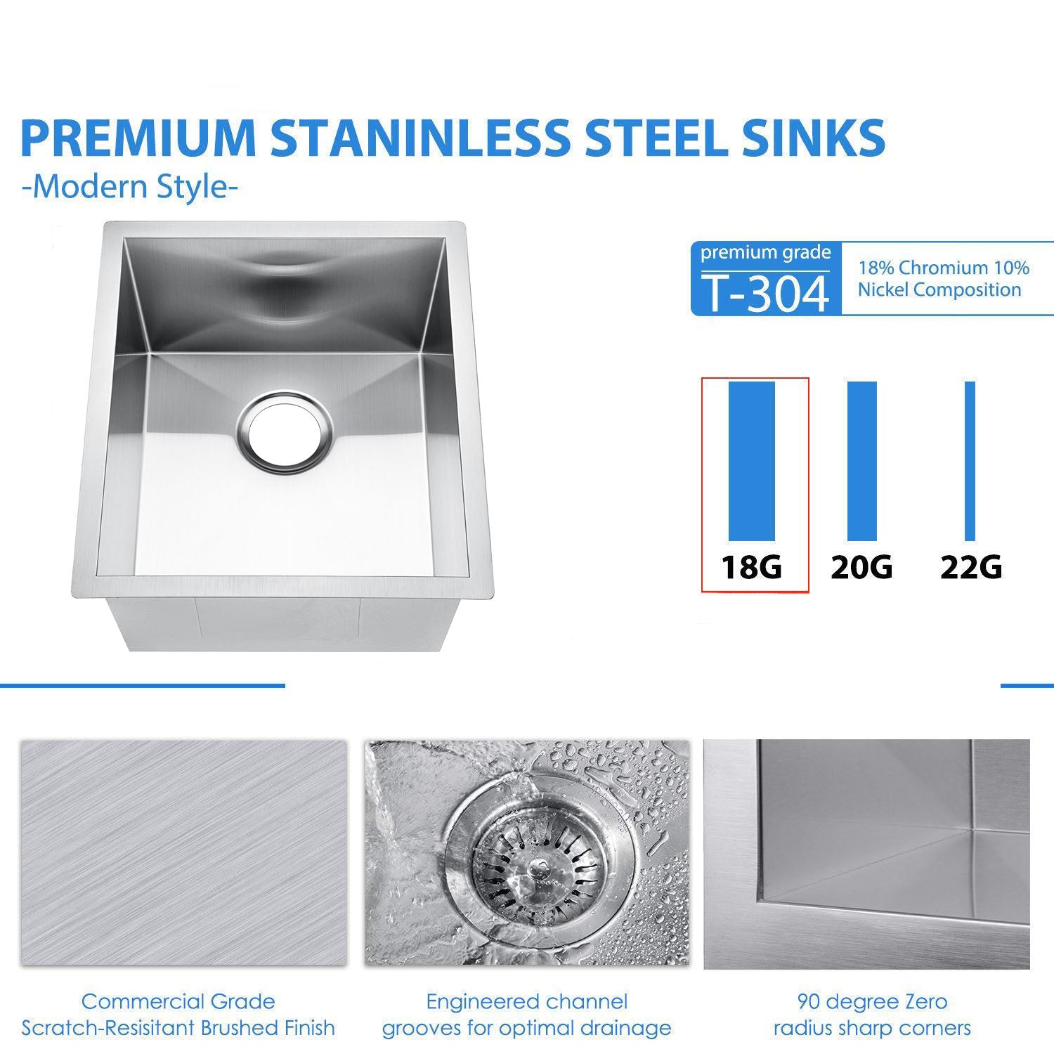 17"x19" Undermount Stainless Steel Zero Radius Single Bowl Kitchen Sink,18 Gauge - Orlando Product