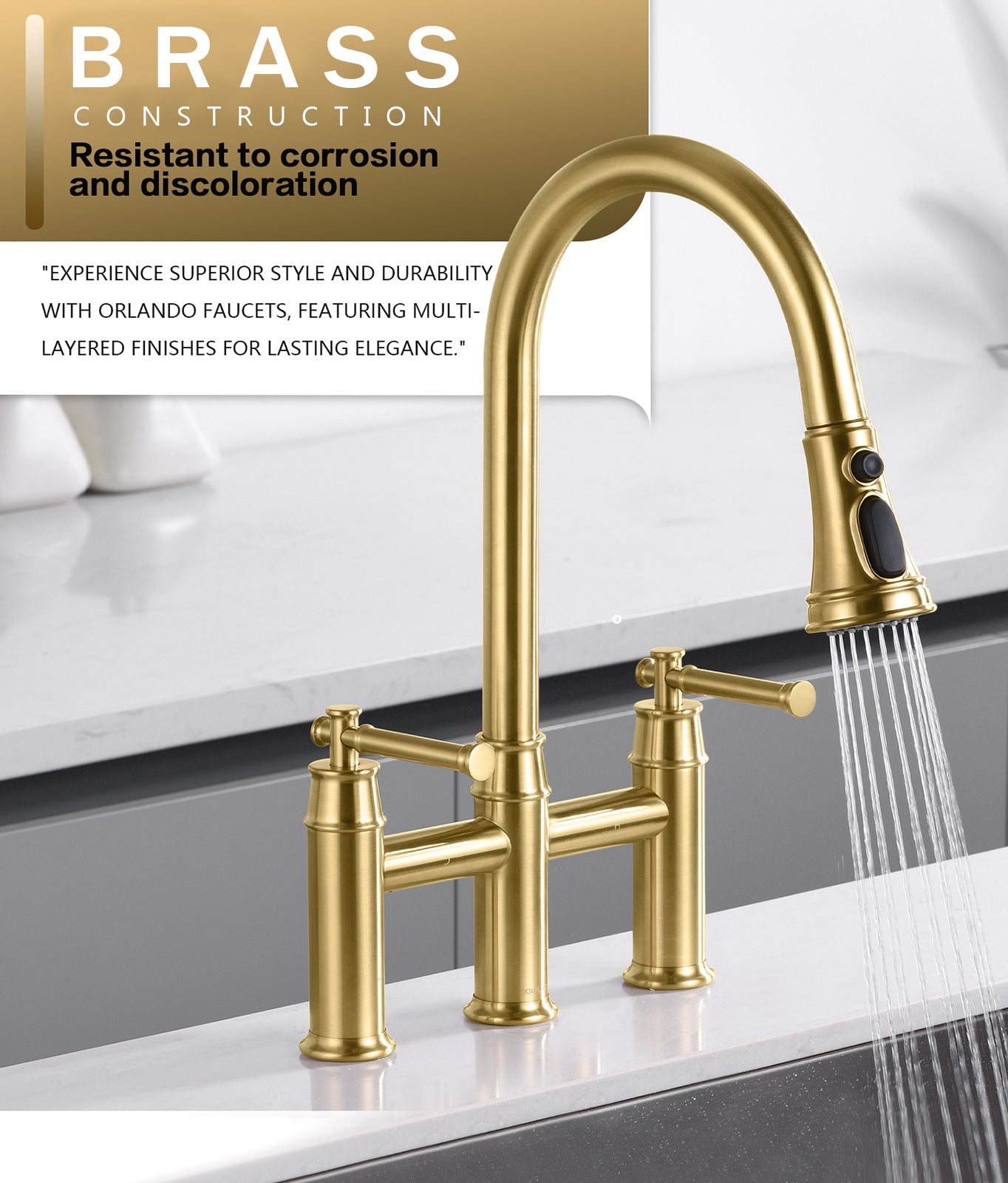 3 hole 2 Handle Bridge Kitchen Faucet with Pull Down Sprayer