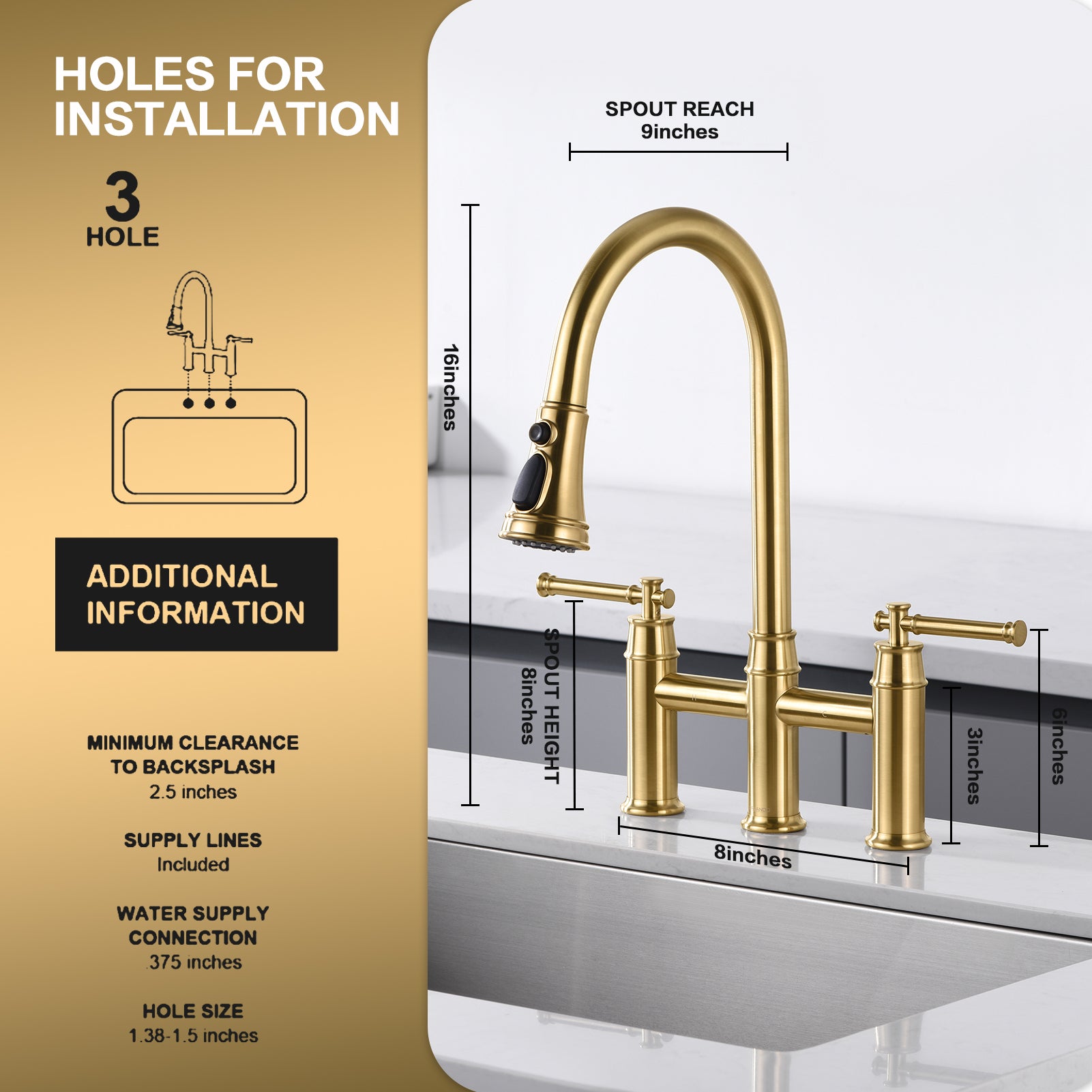 3 hole 2 Handle Bridge Kitchen Faucet with Pull Down Sprayer