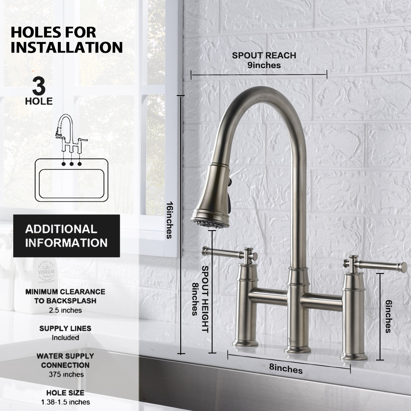 3 hole 2 Handle Bridge Kitchen Faucet with Pull Down Sprayer