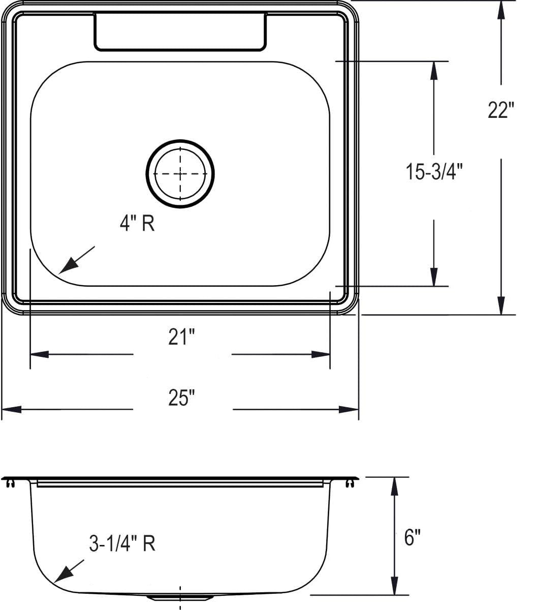 25"x22"x6"  3-Hole Drop-In Topmount Stainless Steel Single Bowl Kitchen Sink